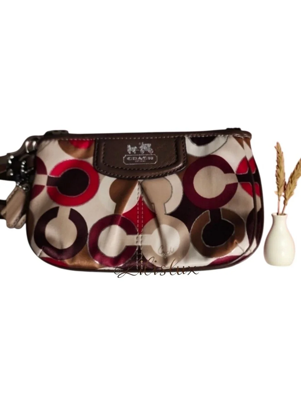Coach Brown and Red OP Art Signature Satin And Leather Wristlet Vintage Y2K